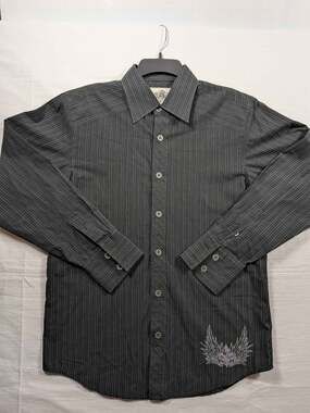 Red Level Nine Mens Small Y2K Black Pinstripe Shirt Fleur De Lis Wings Graphic